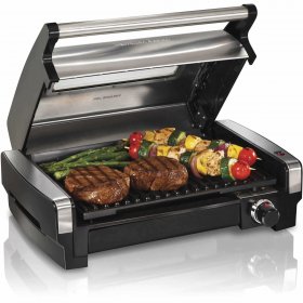 Hamilton Beach Electric Indoor Searing Grill with Removable Plates and Less Smoke, Brushed Metal, with Glass Viewing Window Model # 25361