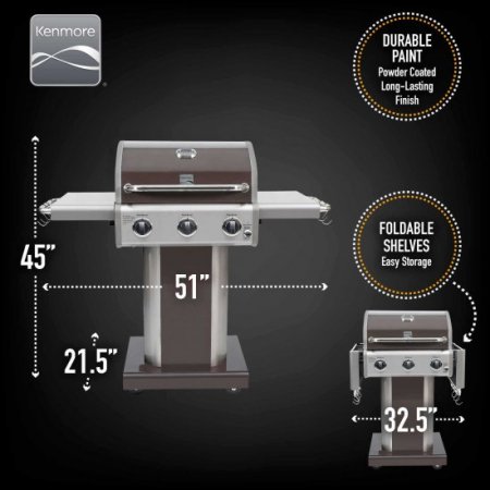 Kenmore PG-4030400LD-MO 3 Burner BBQ Propane Gas Grill, Compact Pedestal Style with Folding Side Shelves, Mocha