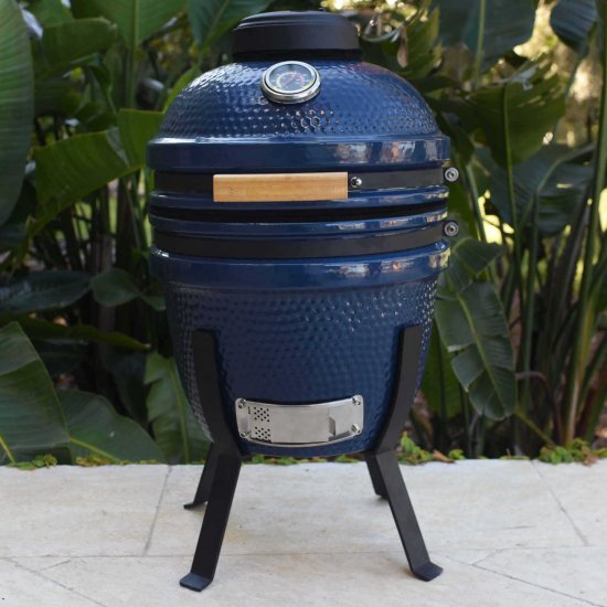 Lifesmart 15\" Blue Kamado Ceramic Grill Value Bundle Includes Electric Starter Cooking Stone and Cover