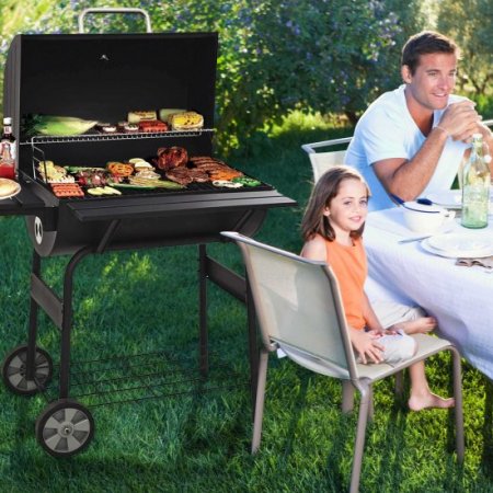 Portable Charcoal Grills with 2 wheels, 30'' Premium BBQ Charcoal Grill Meat Smoker, Outdoor 8-in-1 Charcoal BBQ Grill with Temperature Gauge and Metal Grates for Outdoor Picnic Patio Camping, SS1046