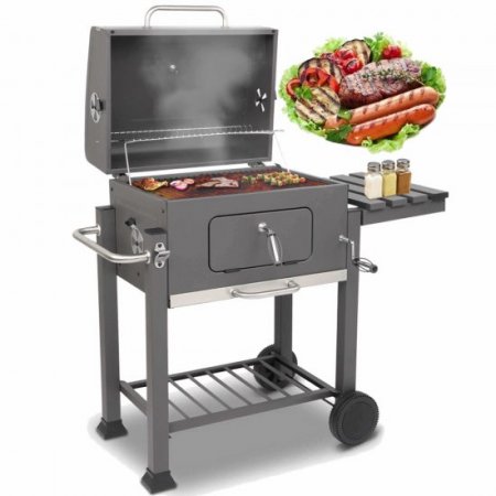 Charcoal BBQ Grill Outdoor Grill, SEGMART 22.8" L x 17" H Portable BBQ Grill Charcoal with Smoker, BBQ Grill with Side Burner & Thermometer, Small Grill Outdoor Cooking for Steak Ham Burger, Grey, H64