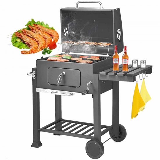 Charcoal BBQ Grill Outdoor Grill, SEGMART 22.8\" L x 17\" H Portable BBQ Grill Charcoal with Smoker, BBQ Grill with Side Burner & Thermometer, Small Grill Outdoor Cooking for Steak Ham Burger, Grey, H64