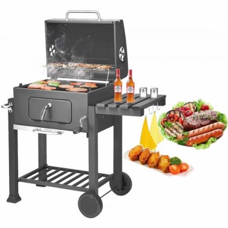 Charcoal BBQ Grill Outdoor Grill, SEGMART 22.8" L x 17" H Portable BBQ Grill Charcoal with Smoker, BBQ Grill with Side Burner & Thermometer, Small Grill Outdoor Cooking for Steak Ham Burger, Grey, H64