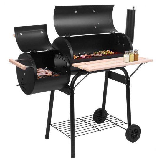 Charcoal BBQ Grill, Stainless Steel High Heat-Resistant Charcoal Grill and Offset Smoker Combo, Outdoor Lightweight Charcoal Grill w/ Thermometer & Cover, for BBQ, Picnic, Camping, Party, Black, D6457