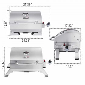 Royal Gourmet GT1001 Stainless Steel Portable Grill, 10,000 BTU BBQ Tabletop Gas Grill with Folding Legs and Lockable Lid, Outdoor Camping, Deck and Tailgating, Silver
