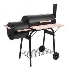 Charcoal BBQ Grill, Stainless Steel High Heat-Resistant Charcoal Grill and Offset Smoker Combo, Outdoor Lightweight Charcoal Grill w/ Thermometer & Cover, for BBQ, Picnic, Camping, Party, Black, D6457