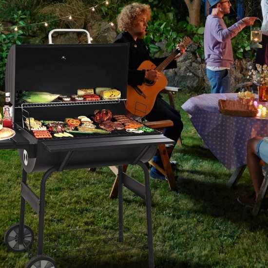 Portable Charcoal Grills with 2 wheels, 30\'\' Premium BBQ Charcoal Grill Meat Smoker, Outdoor 8-in-1 Charcoal BBQ Grill with Temperature Gauge and Metal Grates for Outdoor Picnic Patio Camping, SS1046