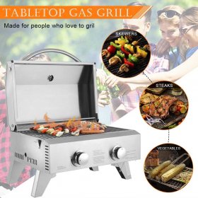 SEGMART Portable Tabletop Gas Grill with 2-Burner, 20,000 BTU Propane Grill, Outdoor Mini BBQ Grill with Foldable Legs for Picnic Camping Tailgating Patio Garden BBQ - Stainless Steel, B156