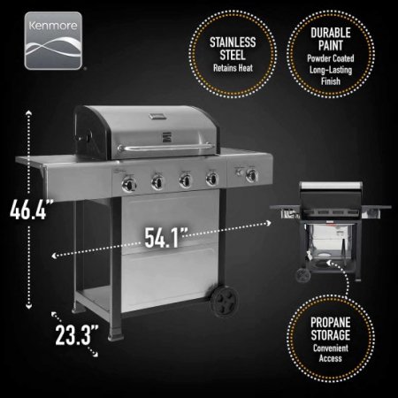 Kenmore PG-40406S0L-SE 4-Burner Outdoor Patio Open Cart Propane Gas BBQ Grill with Side Burner, Stainless Steel