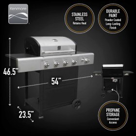 Kenmore PG-40406S0L 4 Burner Open Cart BBQ Propane Gas Grill with Side Burner, Stainless Steel and Black