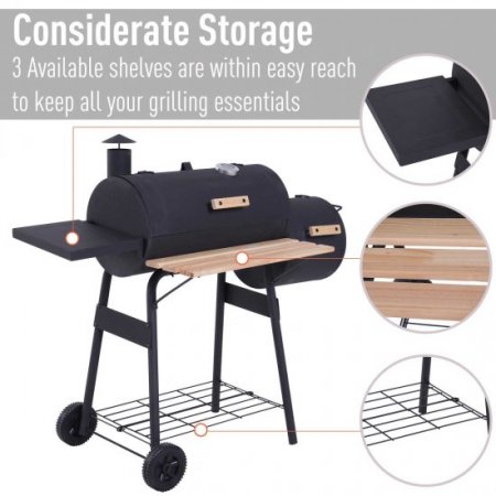 48" Steel Portable Backyard Charcoal BBQ Grill w/ Offset Smoker Combo & Wheels