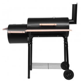 Charcoal BBQ Grill, Stainless Steel High Heat-Resistant Charcoal Grill and Offset Smoker Combo, Outdoor Lightweight Charcoal Grill w/ Thermometer & Cover, for BBQ, Picnic, Camping, Party, Black, D6457