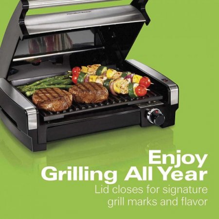 Hamilton Beach Electric Indoor Searing Grill Removable Easy-to-Clean Nonstick Plate, 6-Serving, Extra-Large Drip Tray, Stainless Steel (25360)