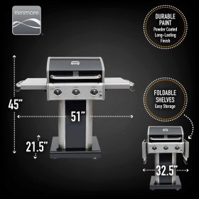 Kenmore PG-4030400LD 3 Burner BBQ Propane Gas Grill, Compact Pedestal Style with Folding Side Shelves, Black