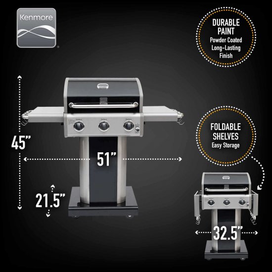 Kenmore PG-4030400LD 3 Burner BBQ Propane Gas Grill, Compact Pedestal ...