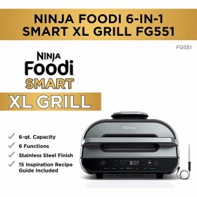 Ninja FG551 Foodi Smart XL 6-in-1 Indoor Grill with 4-Quart Air Fryer Roast Bake Dehydrate Broil and Leave-in Thermometer, with Extra Large Capacity, and a stainless steel Finish