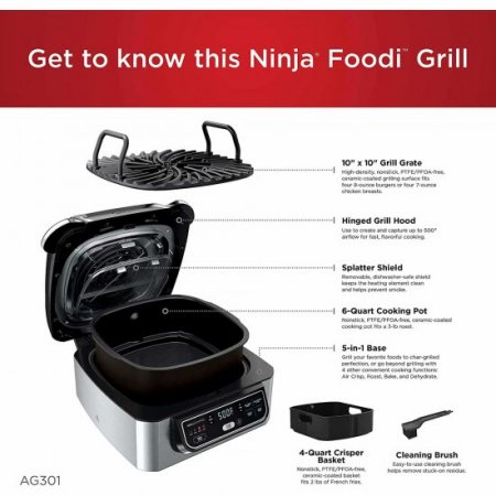 Ninja AG301 Foodi 5-in-1 Indoor Grill with Air Fry, Roast, Bake & Dehydrate, Black/Silver (Certified Refurbished)