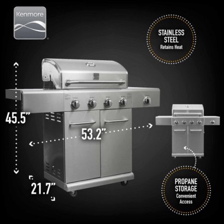 Kenmore PG-40405S0L-SE 4 Burner Outdoor Patio Propane Gas BBQ Grill with Searing Side Burner, Stainless Steel