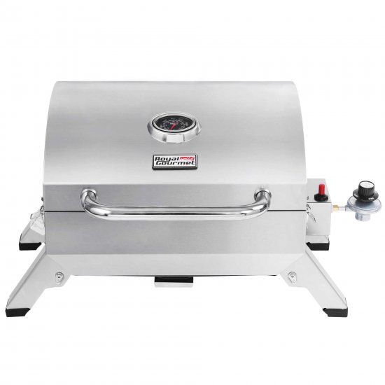 Royal Gourmet GT1001 Stainless Steel Portable Grill, 10,000 BTU BBQ Tabletop Gas Grill with Folding Legs and Lockable Lid, Outdoor Camping, Deck and Tailgating, Silver