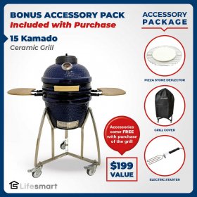 Lifesmart 15 Inch Kamado Ceramic Grill with Stainless Steel Cart
