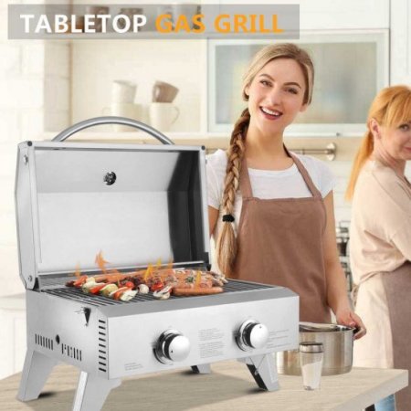 SEGMART Portable Tabletop Gas Grill with 2-Burner, 20,000 BTU Propane Grill, Outdoor Mini BBQ Grill with Foldable Legs for Picnic Camping Tailgating Patio Garden BBQ - Stainless Steel, B156